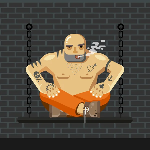 Prisionero plano. Hombre con ropa naranja de prisión sentado en un banco con cadena y humo - ilustración vectorial — Vector de stock