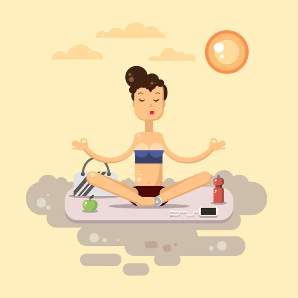 Yoga düz vektör. Minderin üzerine oturan bir bayan. Spor ve rahatlama. Yoga poz - hisse senedi vektör. — Stok Vektör