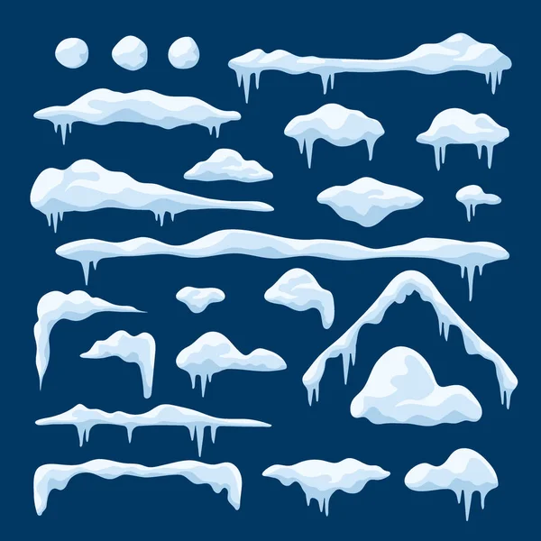 Casquettes de neige réglées. Snowdrifts, boules de neige, toit de neige, collection de glaçons en style dessin animé. Éléments hivernaux enneigés pour décoration, montures ou étiquettes de vente. Objets congelés sur fond bleu, illustration vectorielle — Image vectorielle