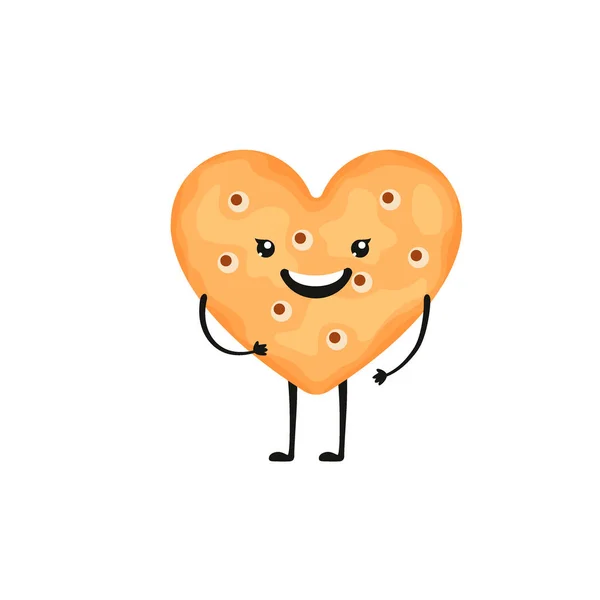 Характер крекера. Смешное печенье в мультяшном стиле. Улыбающиеся чипсы, закуски в форме сердца на белом фоне. — стоковый вектор