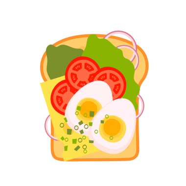 Sandviç üst görünüm seti. Sağlıklı kahvaltı için hamburger tostu ya da beyaz arka planda öğle yemeği. Fast food elementleri, düz vektör çizimi.