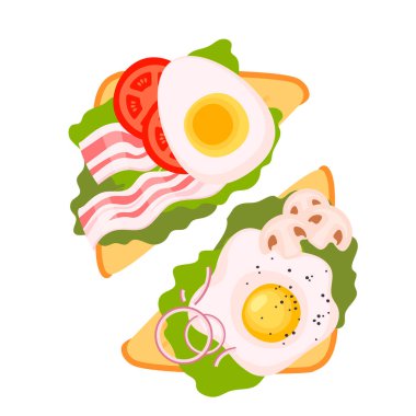 Sandviç üst görünümü. Sağlıklı kahvaltı için hamburger tostu ya da beyaz arka planda öğle yemeği. Fast food elementleri, düz vektör çizimi.