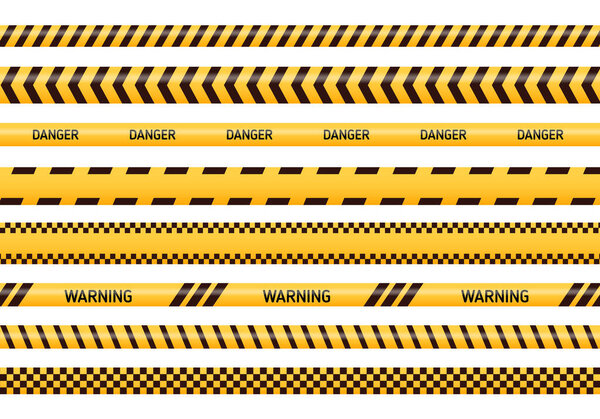 Ленты предосторожности и опасности желтого и черного цвета. Линия внимания полиции или под строительной лентой, сбор предупреждающих знаков изолирован на белом фоне