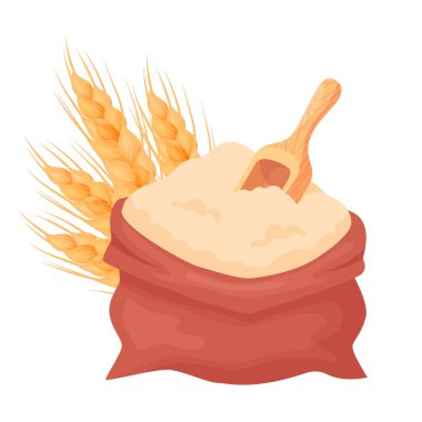 Çuval bezinde un ya da beyaz arka planda izole edilmiş ahşap kepçeli çuval. Arpa taneleri ve buğday başakları. Çizgi film tarzında doğal tarım gıda elementleri, vektör