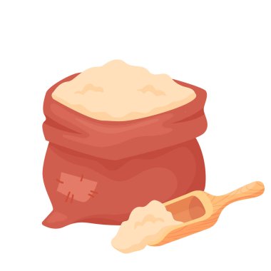 Çuvalda buğday unu ya da beyaz arka planda izole edilmiş ahşap kepçeli çuval. Arpa, yulaf, çavdar, buğday unu. Çizgi film tarzında doğal tarım gıda elementleri, vektör