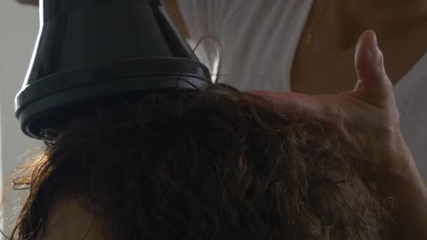Стилист парикмахер сушит волосы в салоне — стоковое видео