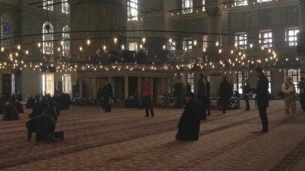 Люди молятся в синей мечети — стоковое видео