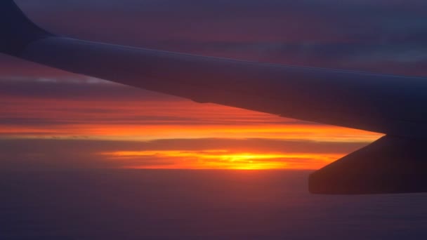 Flugzeugflügel mit Sonnenuntergang und Wolken — Stockvideo