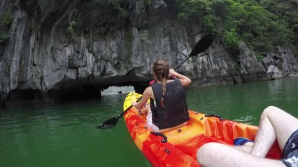 Woman Kayaking in ha long bay — Stock Video