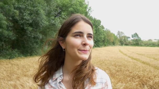 Mujer en el campo de trigo — Vídeo de stock