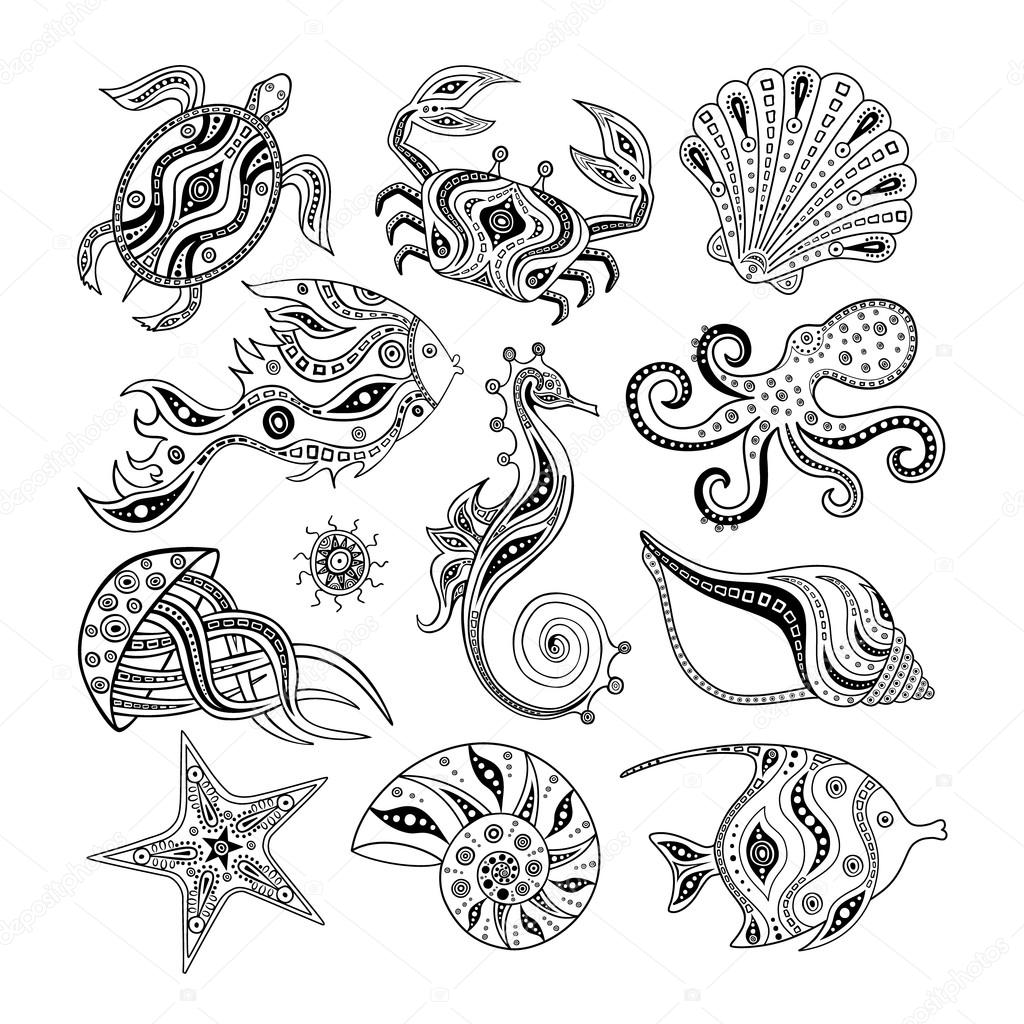 Set di conchiglie marine pesce polipo granchio tartaruga stelle marine cavallo di mare meduse seaurchin Illustrazione di vettore Disegno a