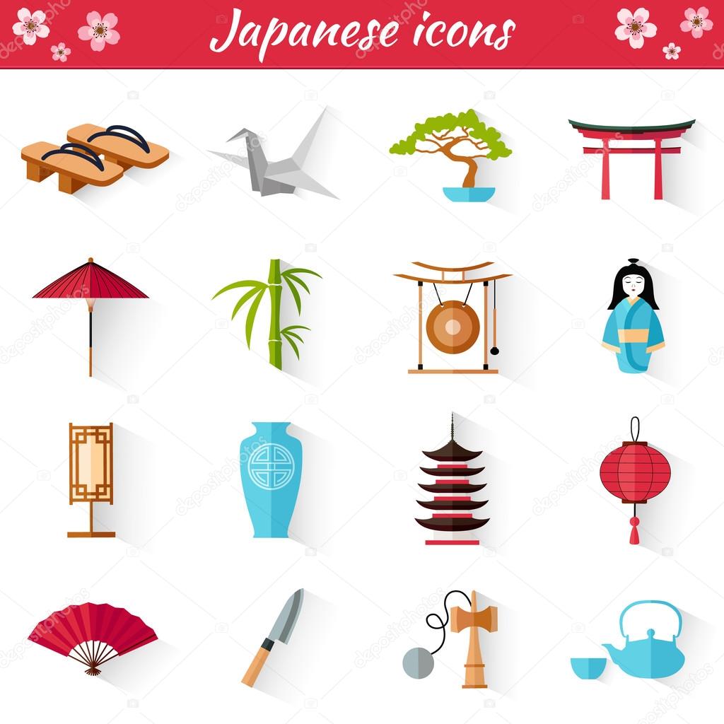 Japanese Set of icons in flat style. Vector illustration. A collection of symbol in oriental style. Thumbnails for web design.