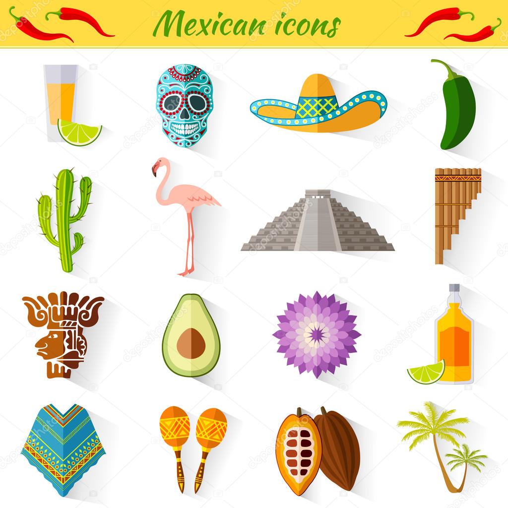 Set of vector travel Mexican icons. Collection of famous symbols and design elements in Mexican style.