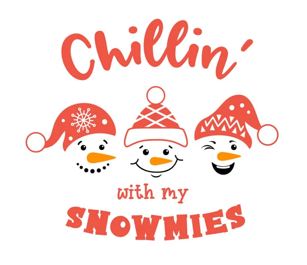 Kerstsneeuwpop. Grappige kaart met leuke winterfiguren en inscriptie chili met mijn sneeuwpoppen. Vector — Stockvector