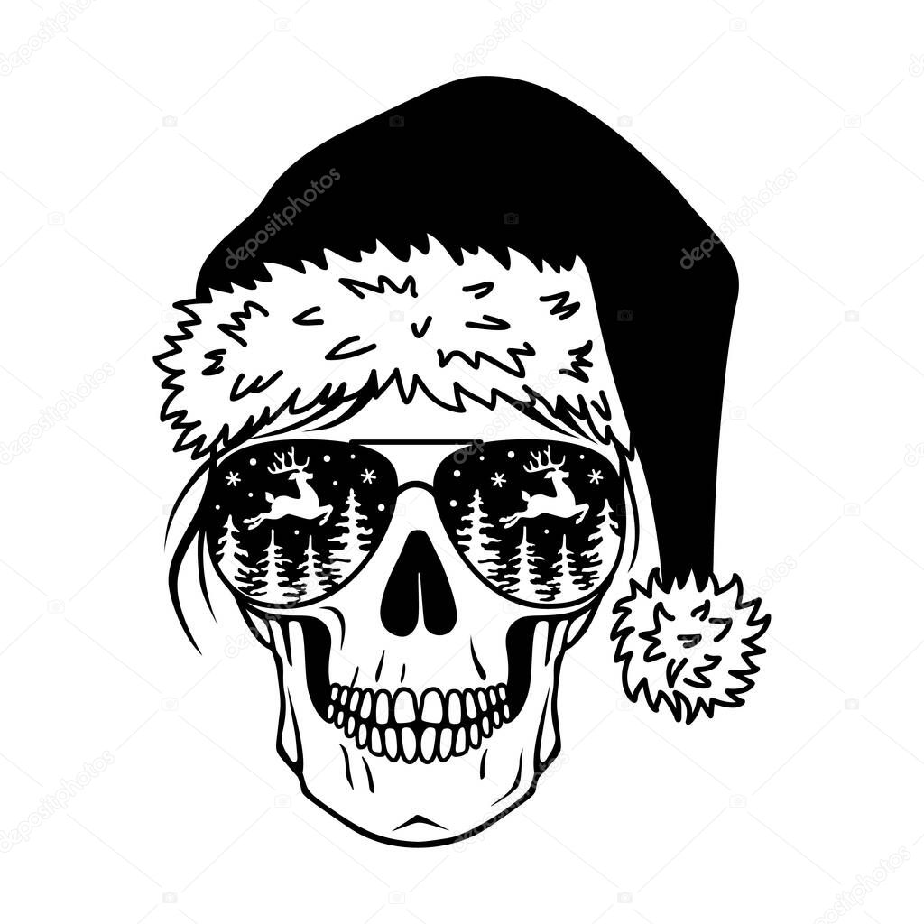 Female Christmas skull. Mom skull with glasses and santa hat. Mom life vector.