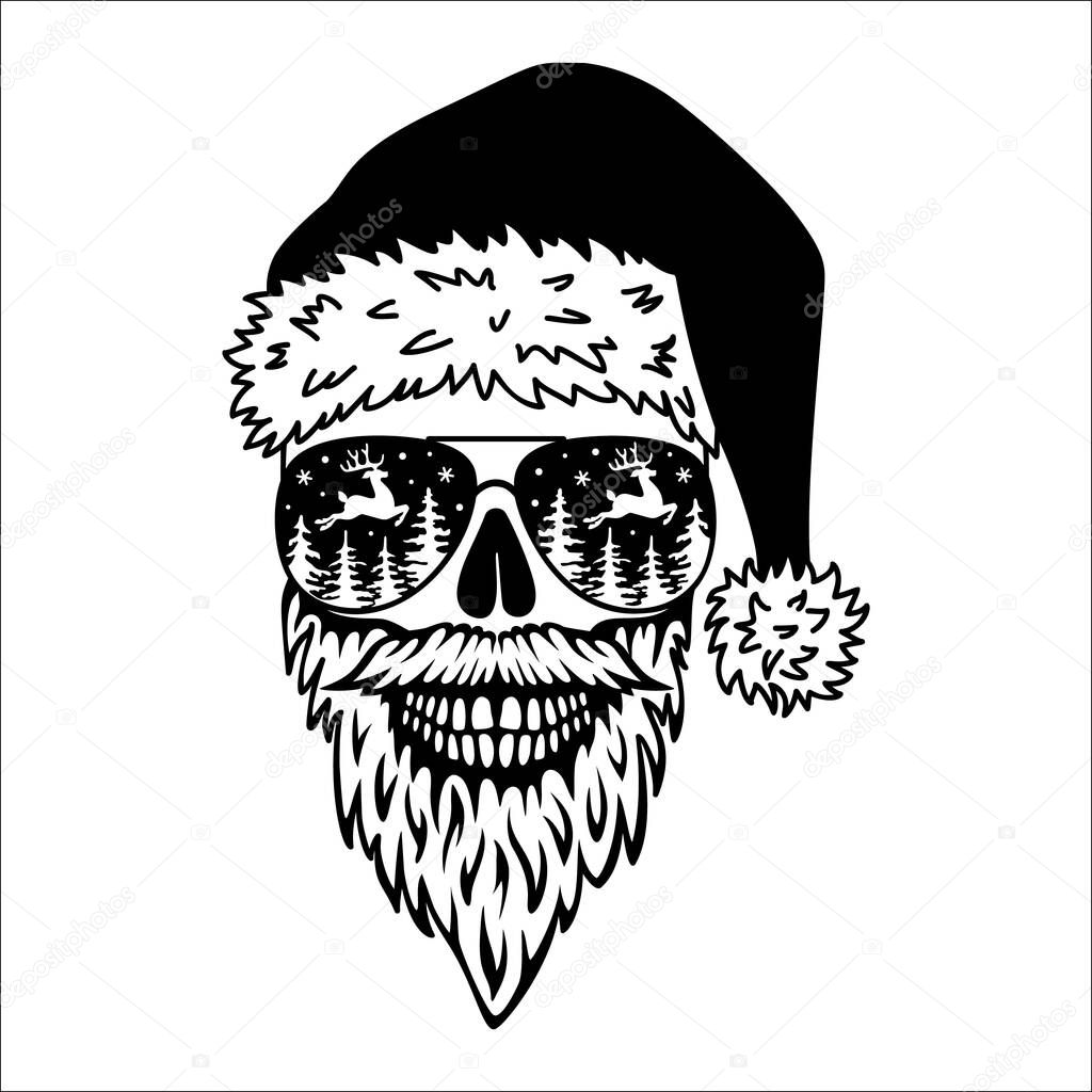 Santas skull. A bearded skull with glasses and a santa hat. Christmas evil illustration.