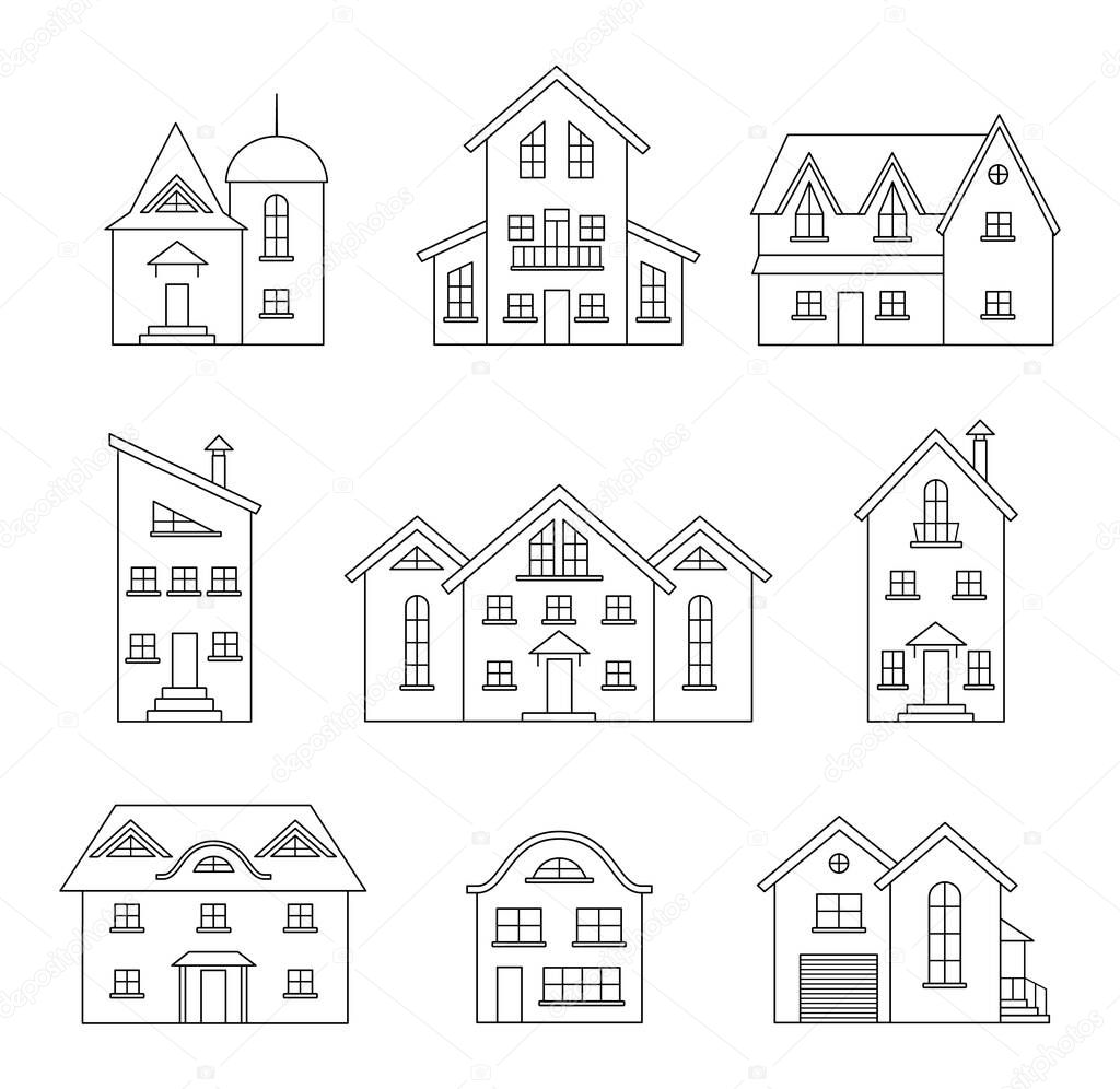 Outline buildings and houses. Vector linear desidn elements.