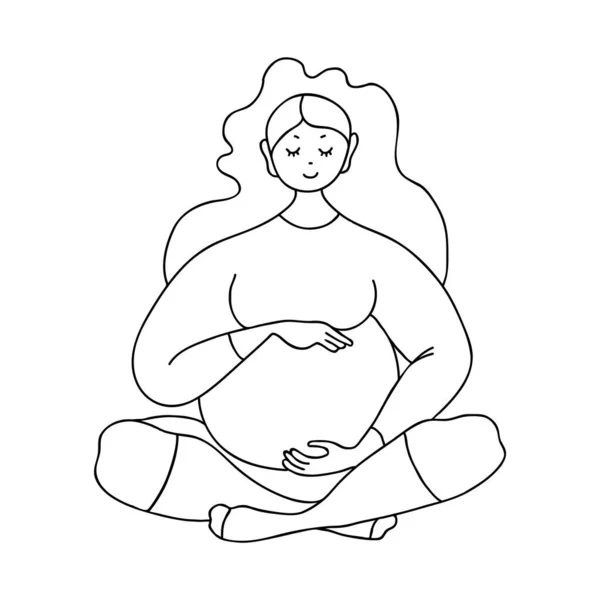 Беременная женщина в позе лотоса обнимает свой живот векторной линейной иллюстрацией на тему материнства. — стоковый вектор