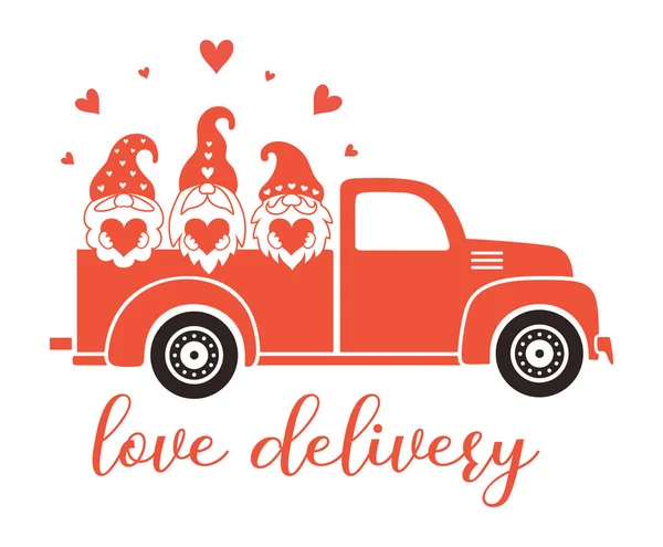 Camion rouge avec gnomes de Saint-Valentin. Collecte vectorielle avec des personnages et des cœurs mignons. — Image vectorielle