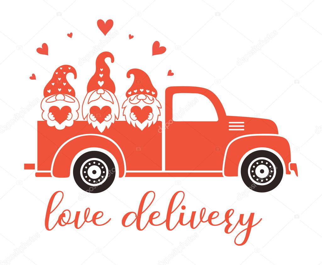 Valentine vintage truck with gnomes and hearts. Retro red pickup isolated on white background. Valentines Day illustration. Love delivery truck with cute Valentine gnomes.