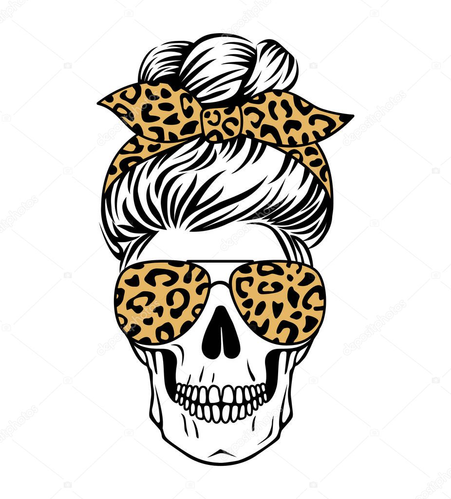 Mom skull vector leopard print. Female skull silhouette.