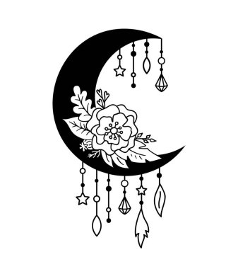 Hilal ayının çiçek deseni boho tarzında. Vektör illüstrasyonu