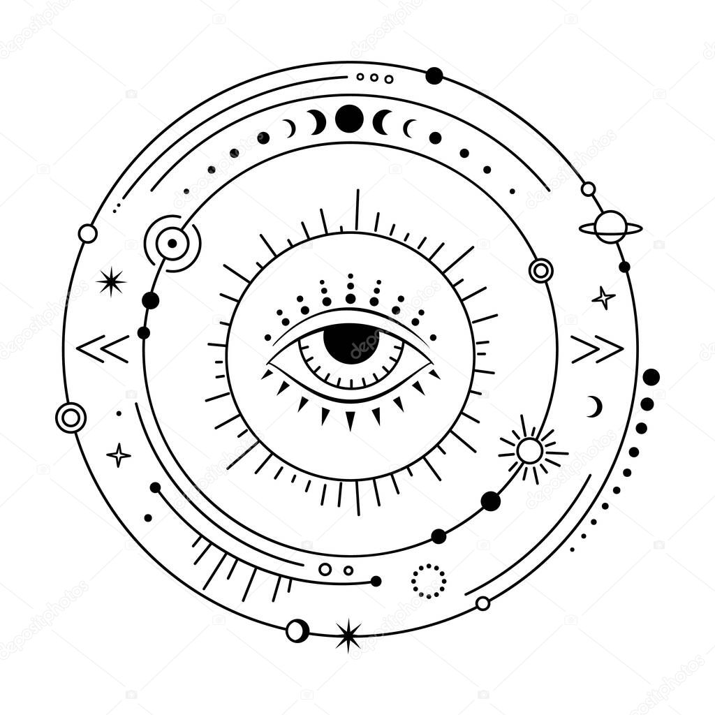 Celestial design elements. Vector magic universe with evil eye. Boho solar system.