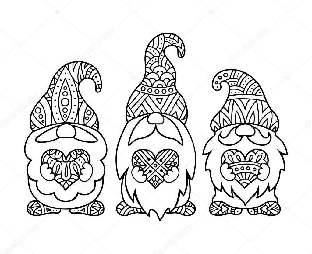 Zentangle style gnomes with hearts. Vector outline illustration. Template for coloring book.