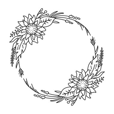 Ayçiçekli monogram çerçeve. Vektör çiçek çelengi.