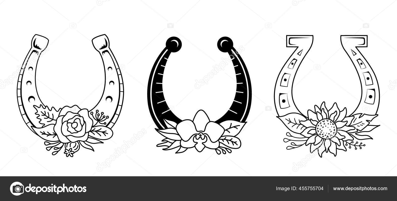 Linear horseshoe with flowers and leaves. Vector silhouette illustration.  Symbol of luck. Stock Vector by ©kurmanstock.gmail.com 455755704, image size:1600x813