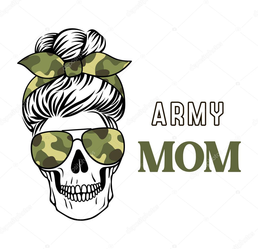 Army mom skull vector camo print. Mom life. Female skull with messy bun.