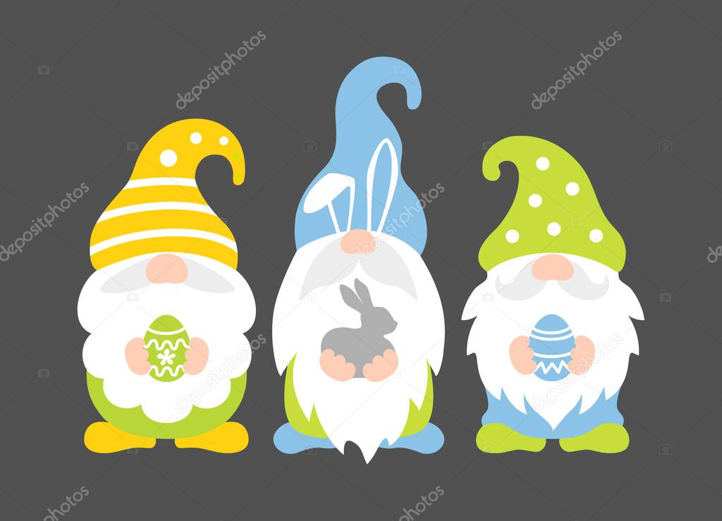 Easter gnomes holding bunny and eggs. Vector.