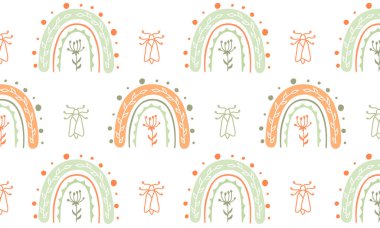 Çiçekli, gökkuşaklı ve yapraklı kusursuz bebek deseni. Çocuklar için vektör özeti.