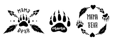 Round frames made of arrows and prints of bear paws. Borders with the inscription mom bear. vector Round frames made of arrows and prints of bear paws. Borders with the inscription mom bear. vector