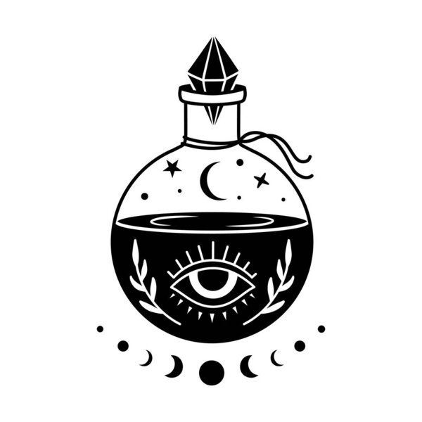 Vector silhouette. Mystical alchemical symbol. Magic drink. Boho illustration