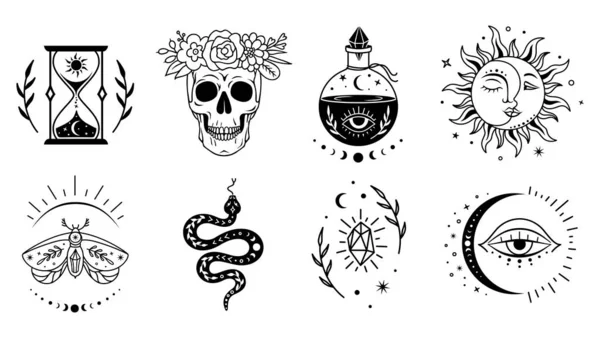 Conjunto de símbolos de brujería mística. Diseño vectorial boho. Siluetas mágicas, esotéricas. — Archivo Imágenes Vectoriales