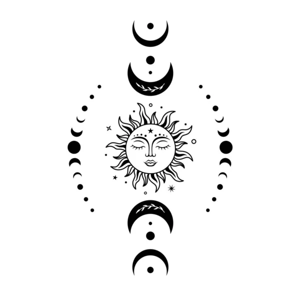 Sol e lua de Boho. Ilustração mágica vetorial com símbolos celestes. —  Vetores de Stock