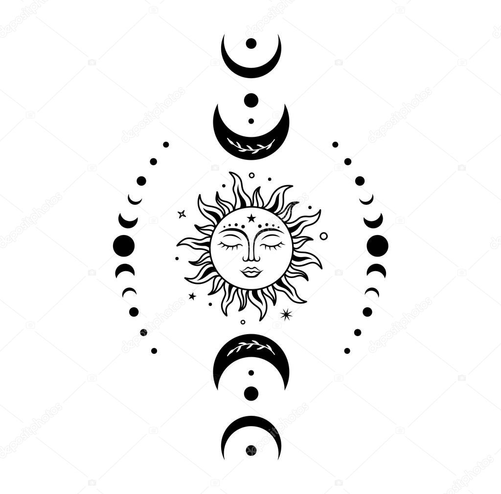 Boho sun and moon. Vector magic illustration with celestial symbols.