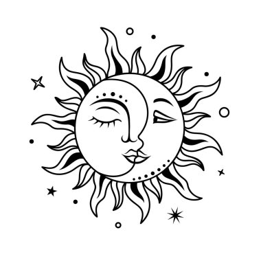 Güneşli ve yüzlü ay. Boho tasarımı. Vektör gök işareti. Sihir, mistik baskı.