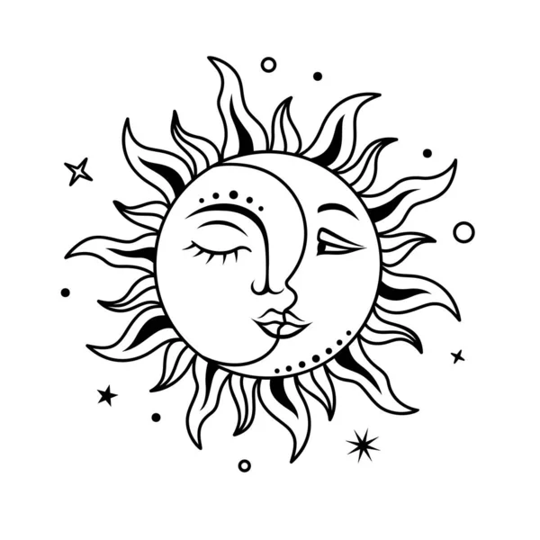 Sol y luna con cara. Diseño Boho. Signo celestial vectorial. magia, impresión mística. — Vector de stock