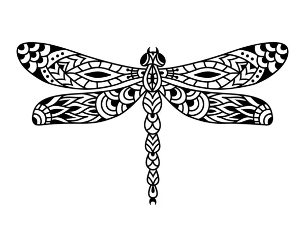 Libellensilhouette. Schwarz-weißes Libellenmandala. Zentangle-Vektorillustration. — Stockvektor
