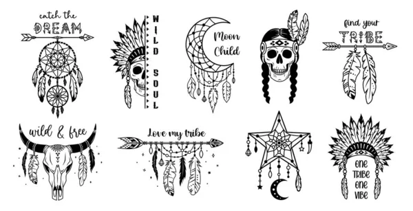 Símbolos y letreros nativos americanos. Colección de diseño tribal. Ilustración vectorial Boho. Impresiones indias. — Vector de stock
