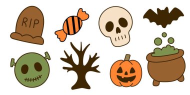 Cartoon halloween set with cute elements. Zombie, skull, bat, candy and pumpkin.