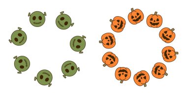 Balkabağı ve zombili yuvarlak cadılar bayramı çerçeveleri..