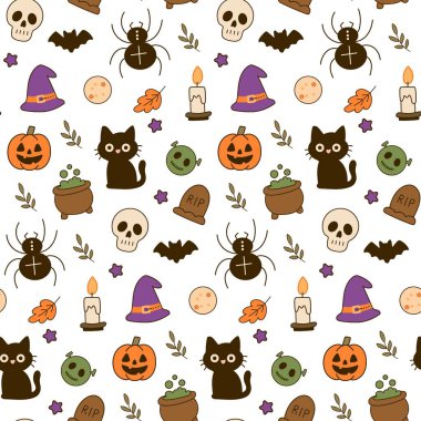 Sevimli, kusursuz cadılar bayramı deseni. Paketleme, pijama ve yatak için mükemmel bir Cadılar Bayramı deseni..