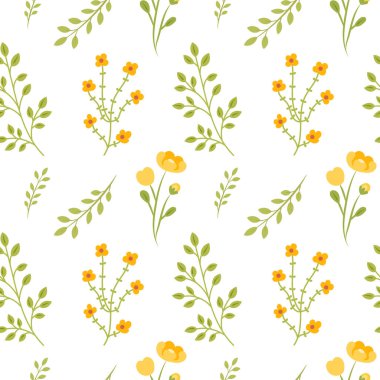 Botanik Bitkisi ve Çiçek Vektör Tasarımı ile Kusursuz Bahar Çiçeği Deseni