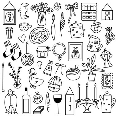 El çizimi nesnelerle tuhaf karalama çizimleri. Yaratıcı tasarım, rahat dekor ve oyuncu illüstrasyon projeleri için sevimli kaprisli çizim biçimi.