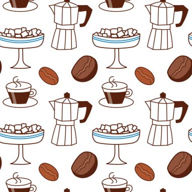 Fincanlı, fasulyeli ve kek resimli kusursuz kahve tatlısı deseni. Ambalaj kağıdı, tekstil ve fırın markalaştırma projesi için güzel bir kafe arka planı.