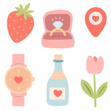 Kalpli, parfümlü ve romantik sembollü sevimli bir aşk çizimi. Kutlama kartı, düğün tasarımı ve ilişki markalaşma projesi için Valentine temalı koleksiyon.