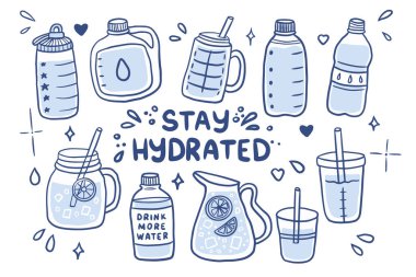 Şişeli ve cam elementli su hidrasyon çizimi. Zindelik damgası, sağlık posteri ve beslenme tasarımı için sağlıklı yaşam tarzı koleksiyonu.